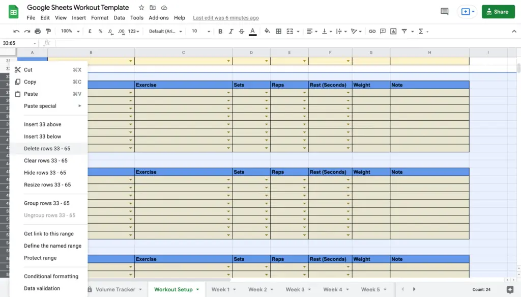 Google Sheets Workout Template Deleting Rows