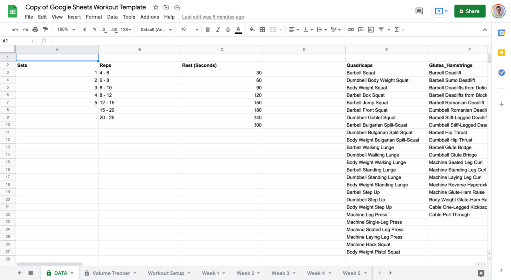 Google Sheets Workout Template First Opened