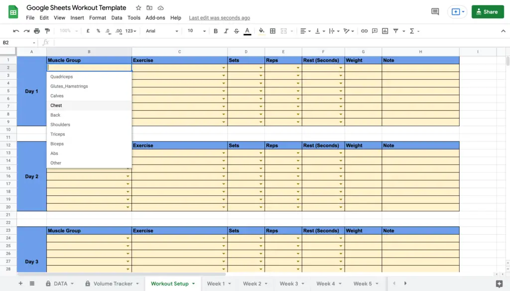 Google Sheets Workout Template Selecting Muscle Group