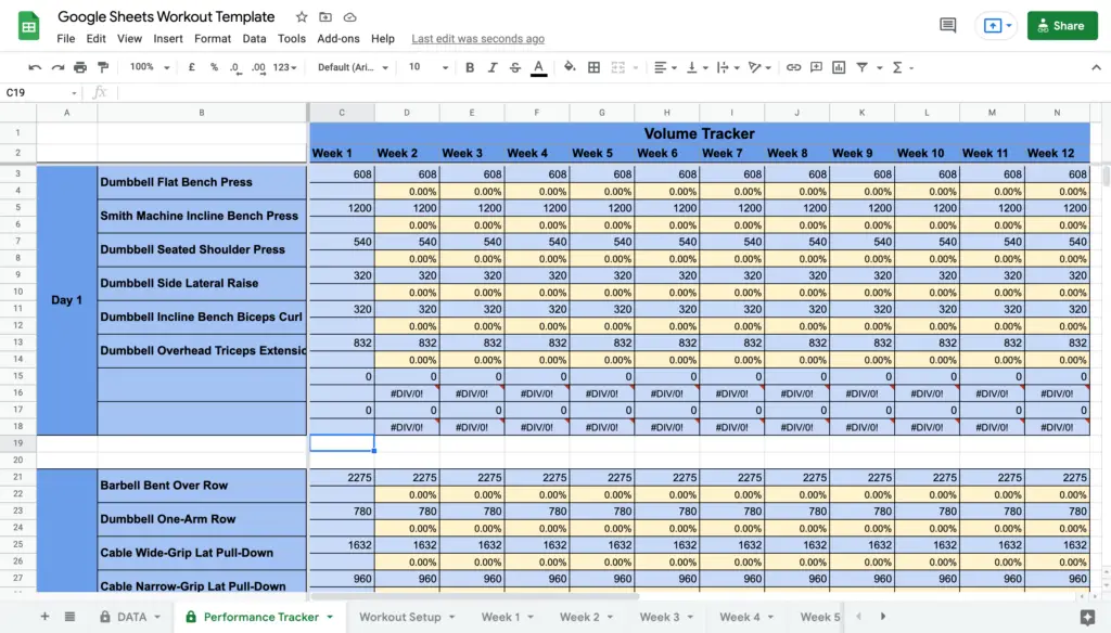 Google Sheets Workout Template Volume Tracker