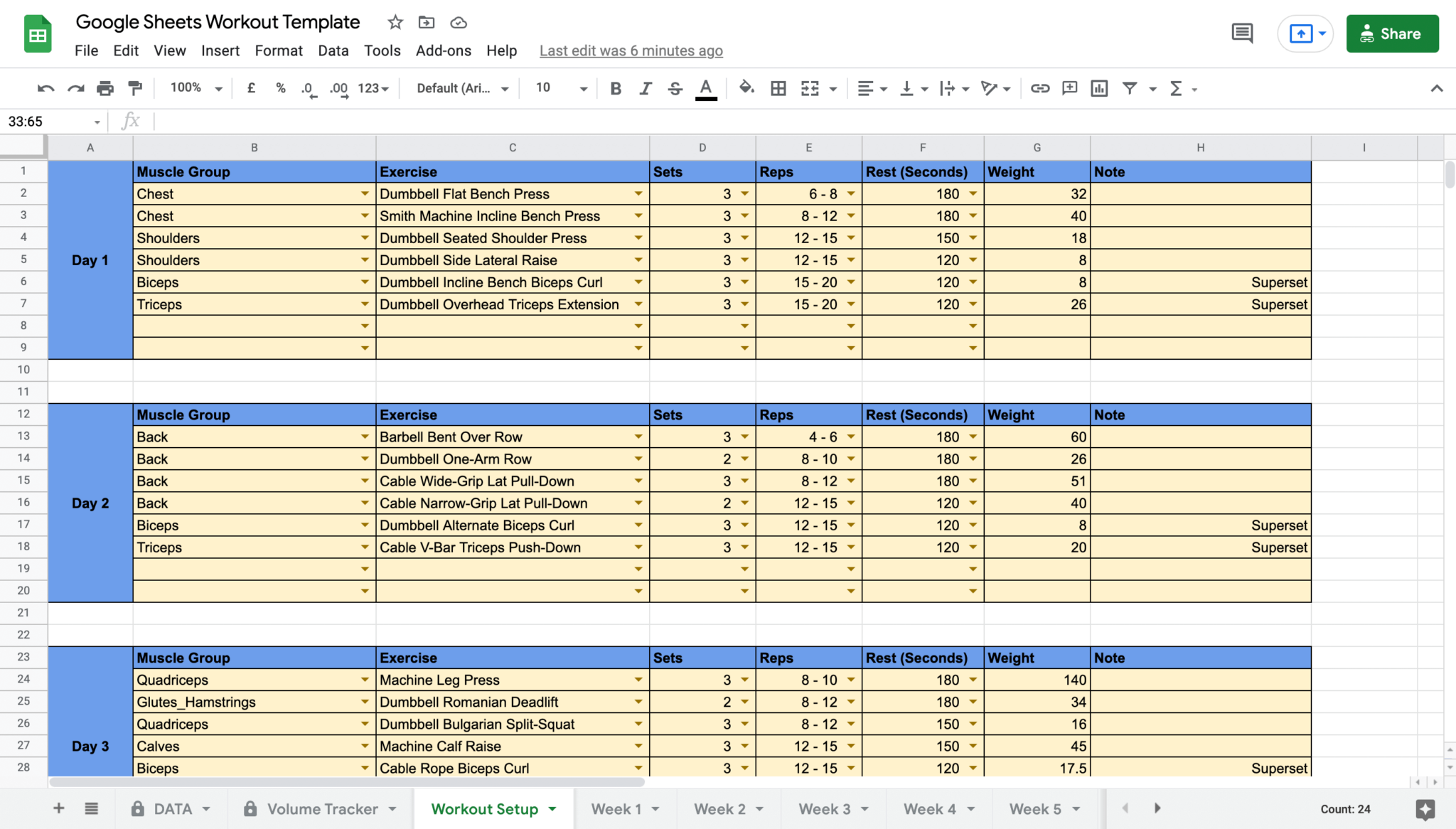 Workout Schedule Template Google Sheets