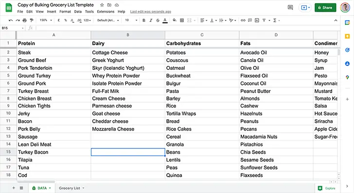 Bulking Grocery List - Data Sheet