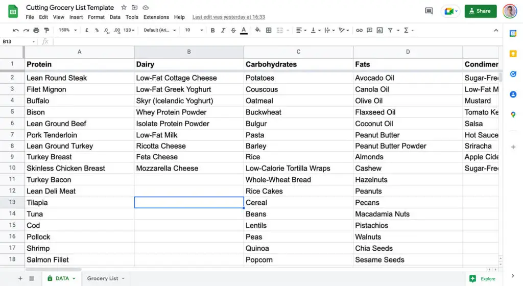 Cutting Grocery List Template Data Tab