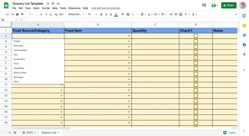 Google Sheets Grocery List - Picking Food Category