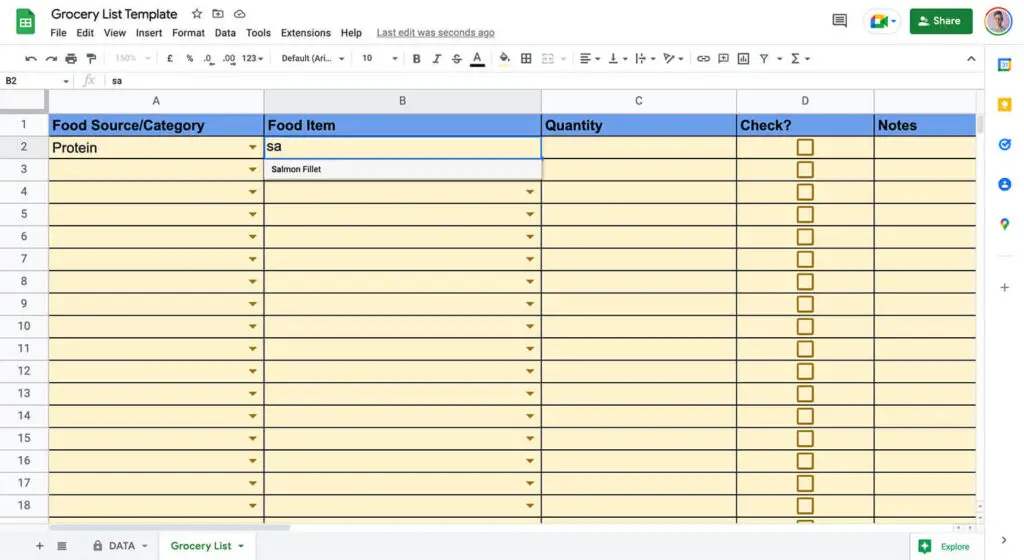 Google Sheets Grocery List - Picking Food