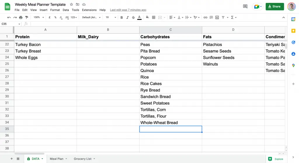 Google Sheets Meal Plan Adding New Foods