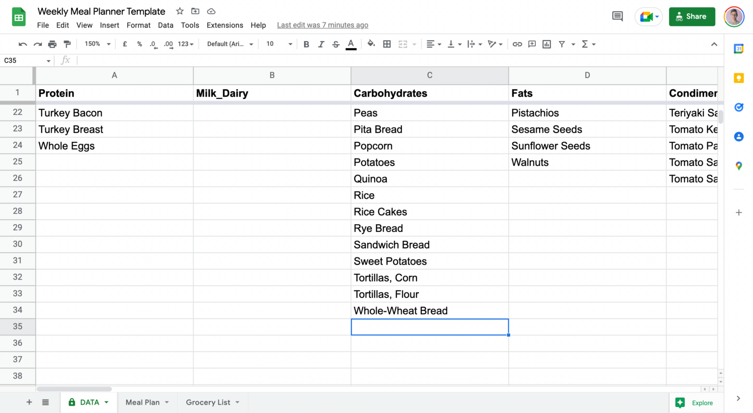 google sheets templete meal plan