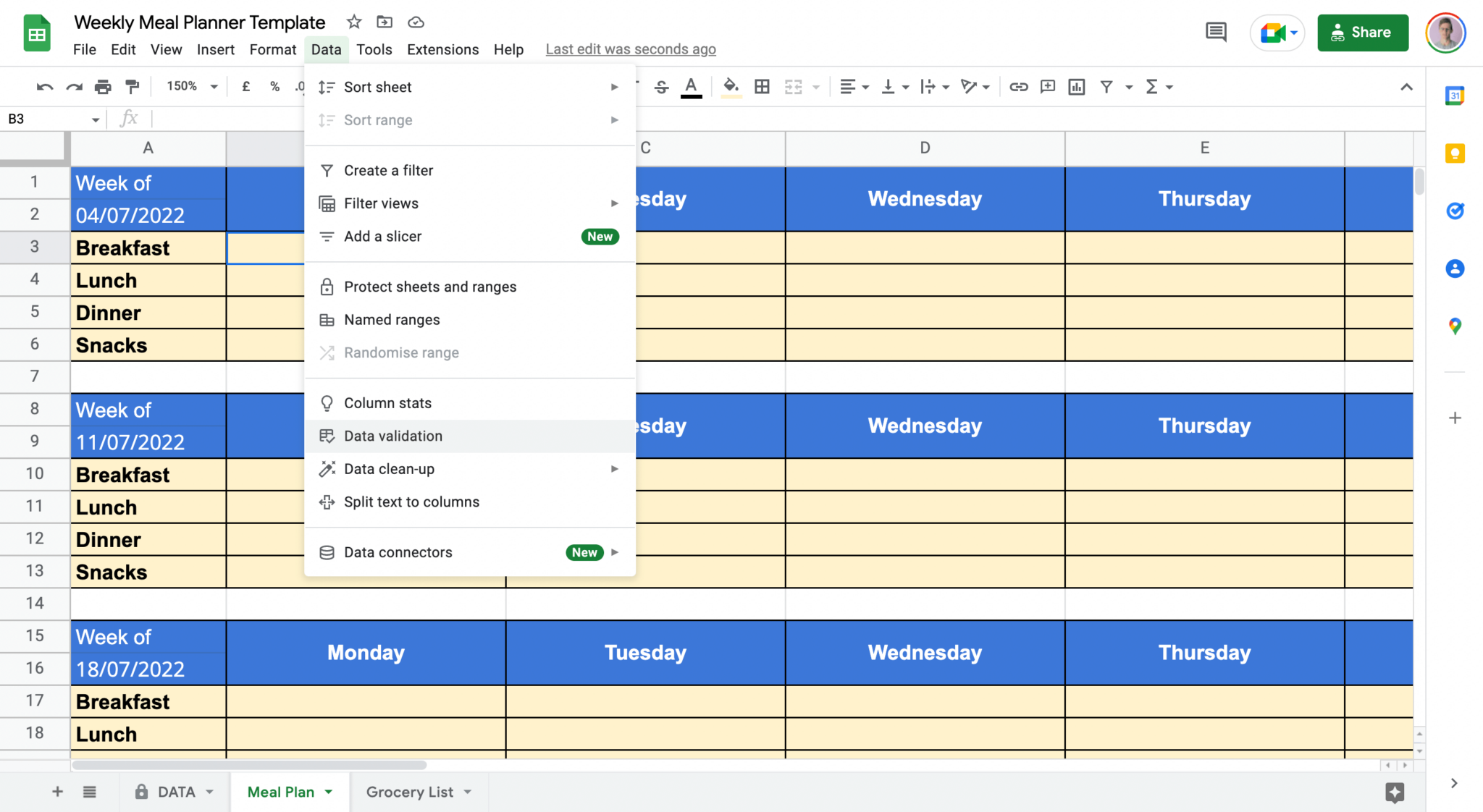 meal plan spreadsheet template google sheet