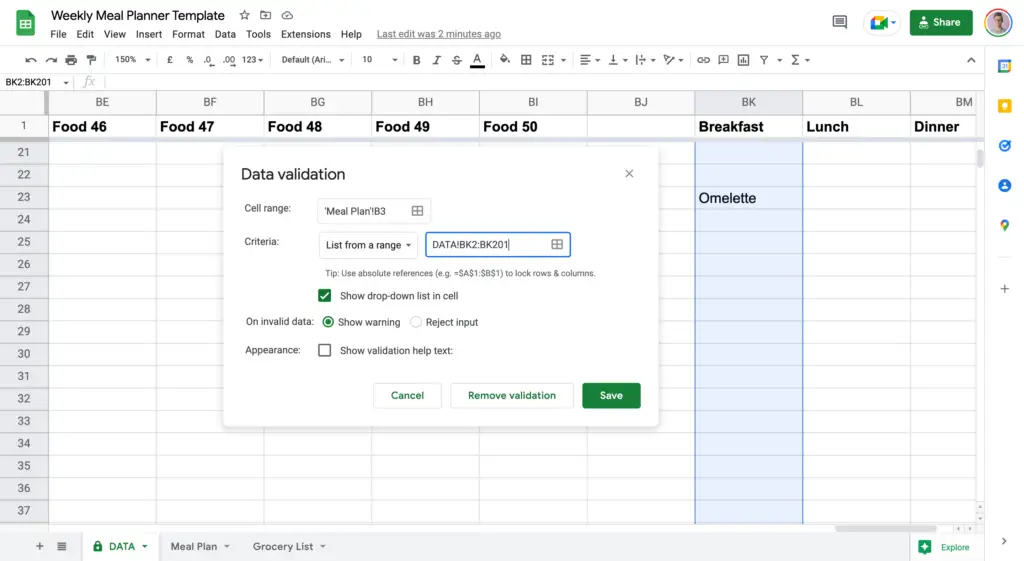 Google Sheets Meal Plan Meal Data Validation Range