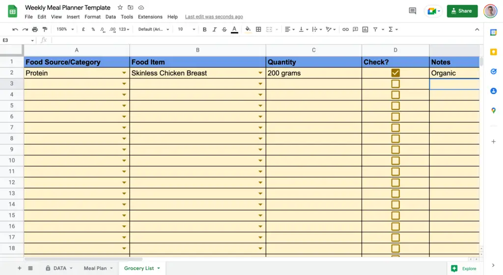 Google Sheets Meal Plan Filled Grocery List