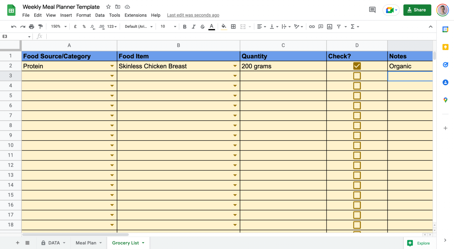 google sheets meal planning