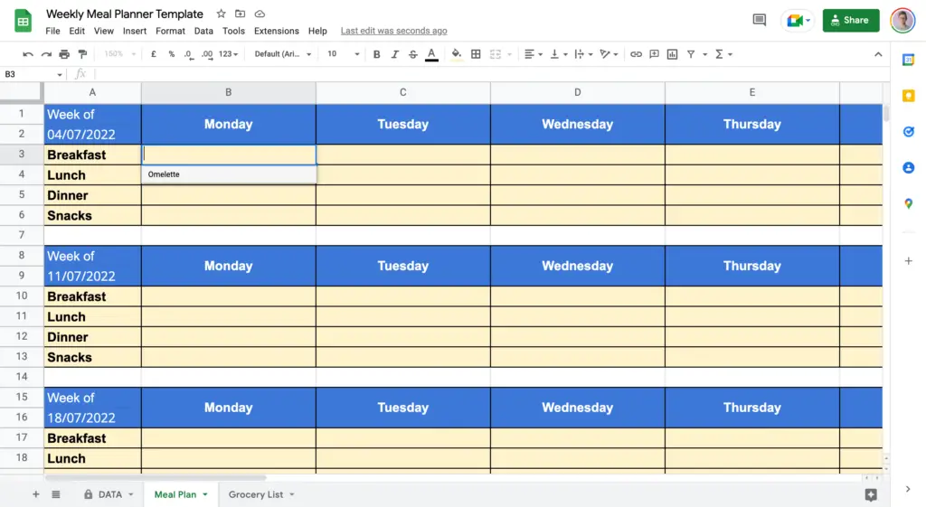 Google Sheets Meal Plan Meal Dropdown