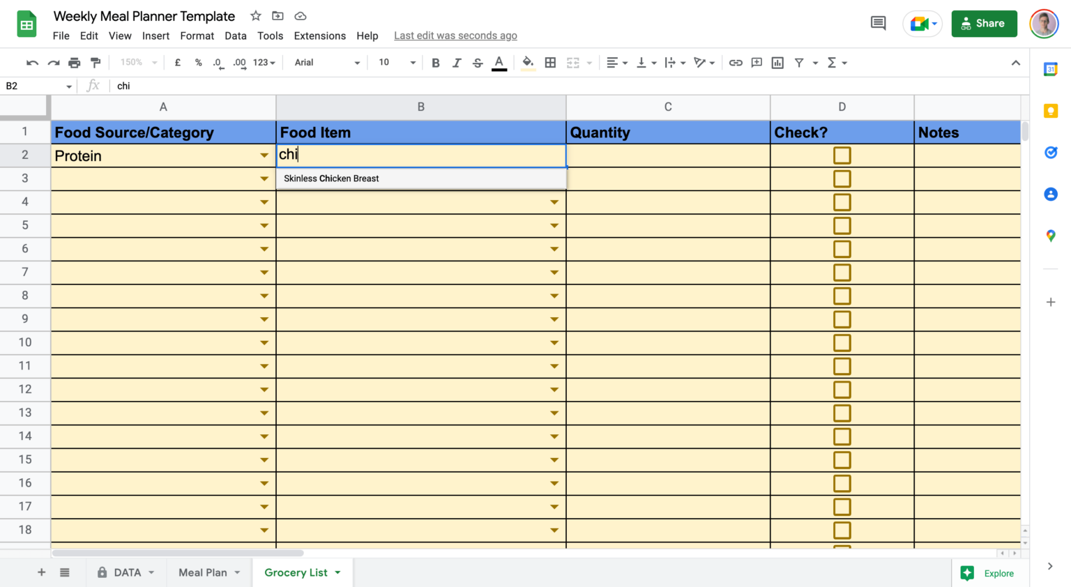 meal planning google sheets