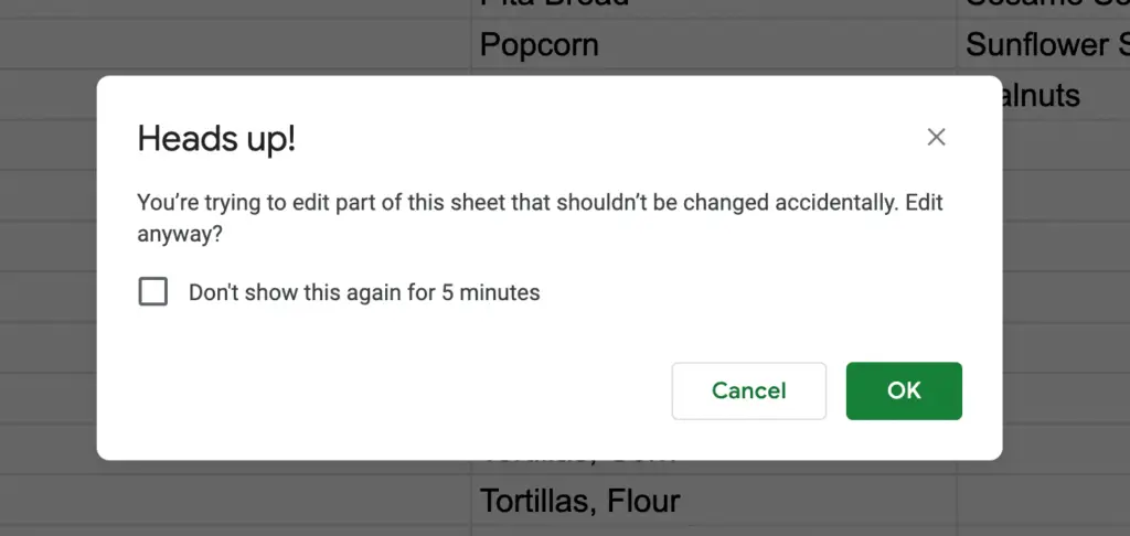 Google Sheets Meal Plan Sheet Protection Notice