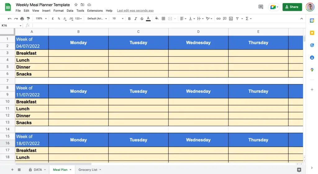 Empty Google Sheets Meal Plan Template