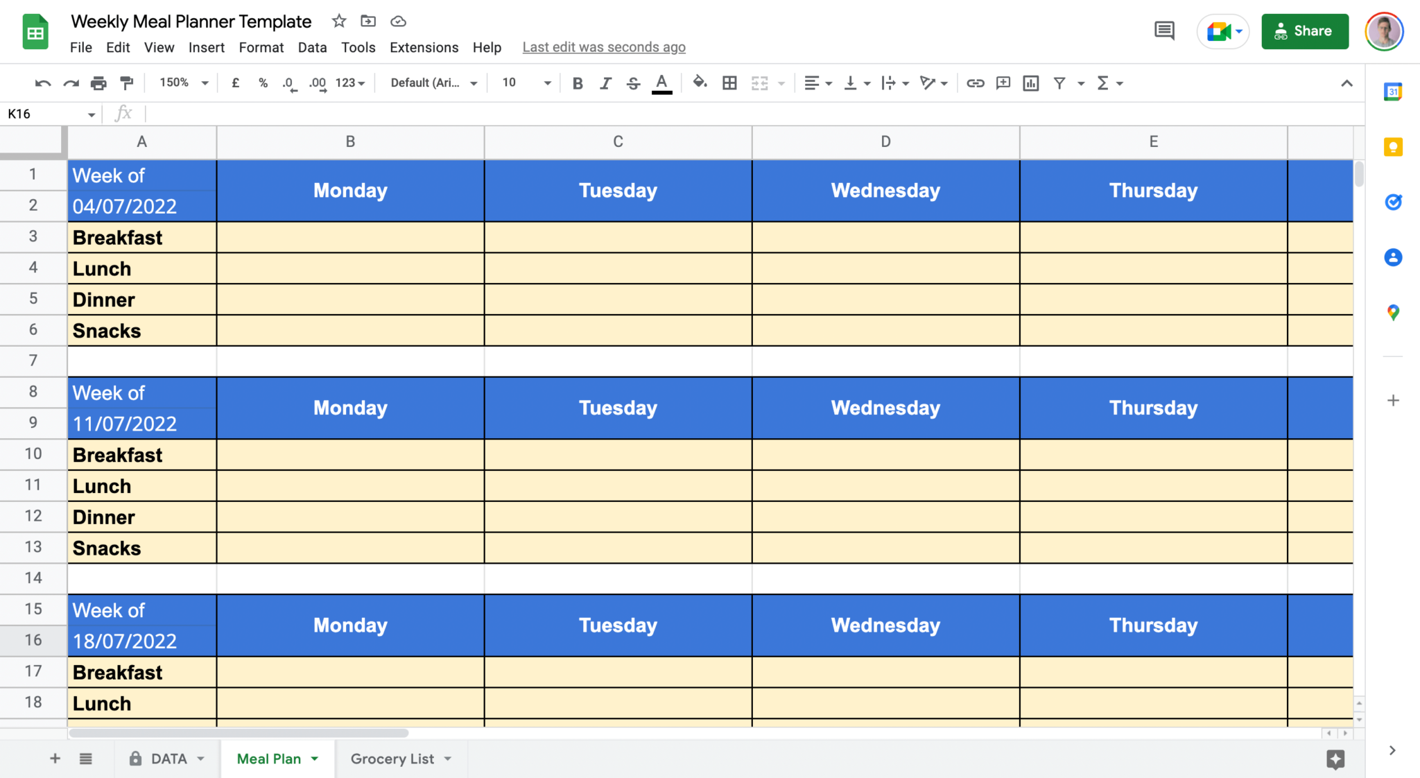 monthly meal plan template google sheets