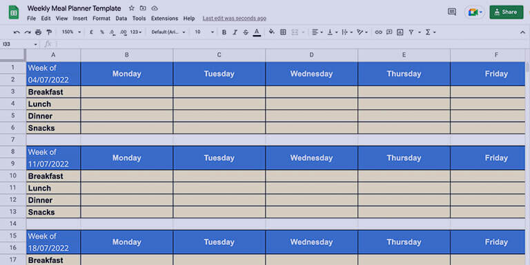 Weekly Meal Plan Template [Google Sheets]