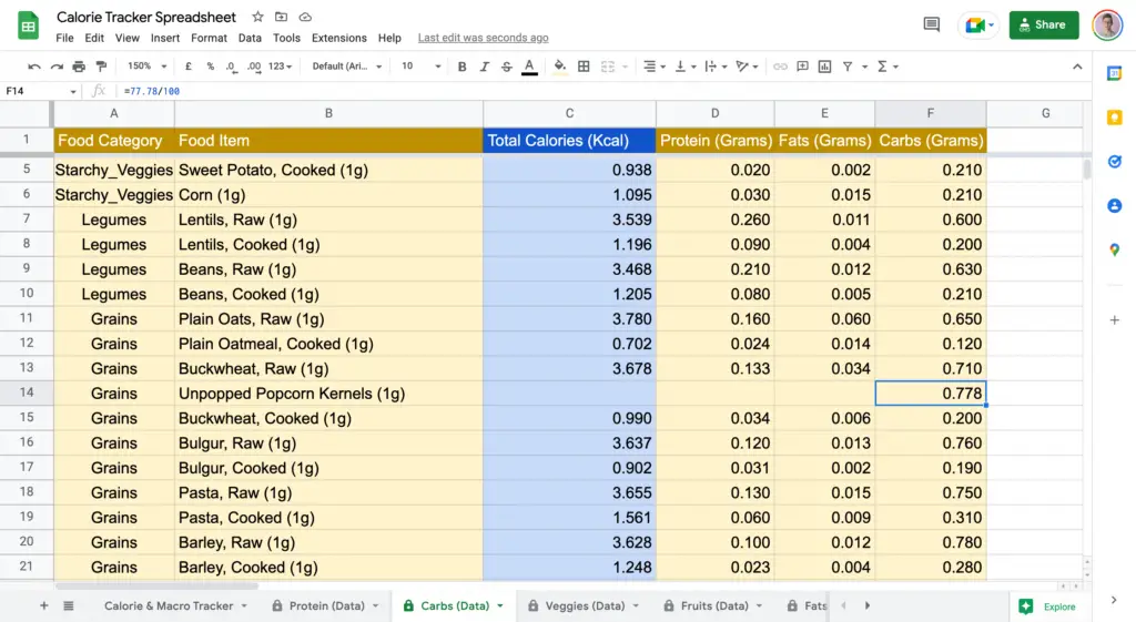 Adding Food Item Carb Information in Calorie Tracker Spreadsheet