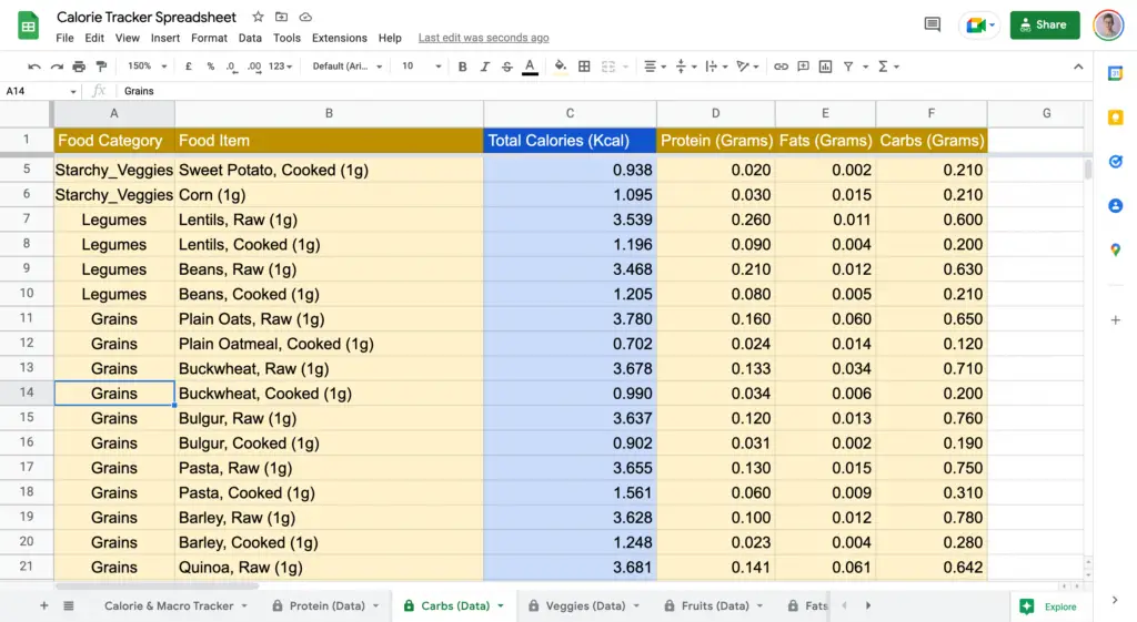 Carb Database in Calorie Tracker Spreadsheet