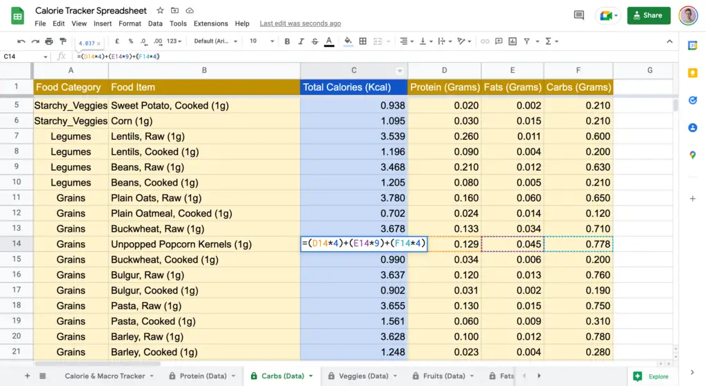 Adding a Formula for Calorie Calculation in Calorie Tracker Spreadsheet