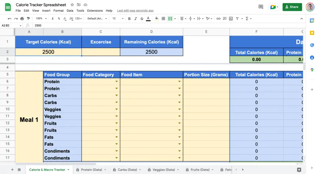 Inputting Target Calories in Calorie Tracker Spreadsheet