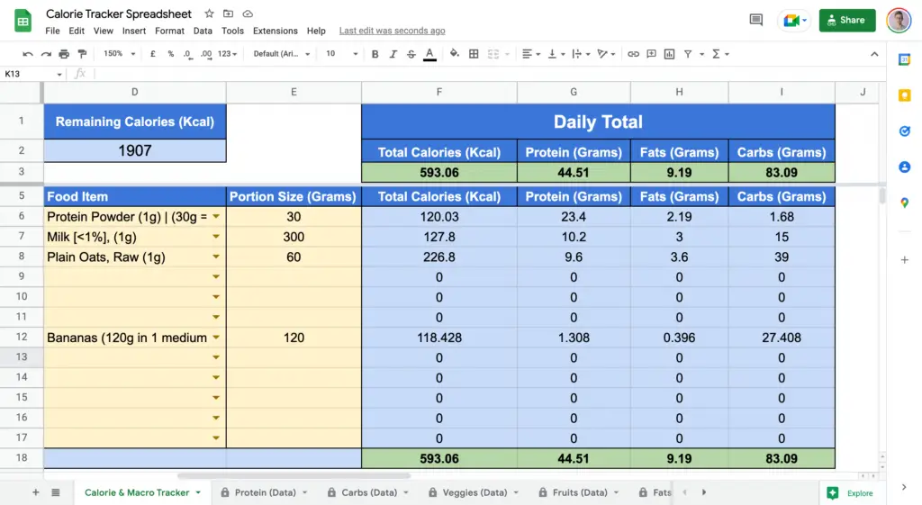 Completed Meal Nutritional Information in Calorie Tracker Spreadsheet