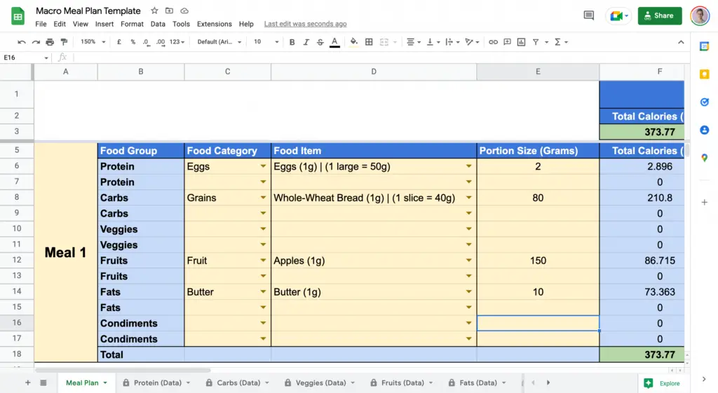 Macro Meal Plan Template - Showing Completed Meal