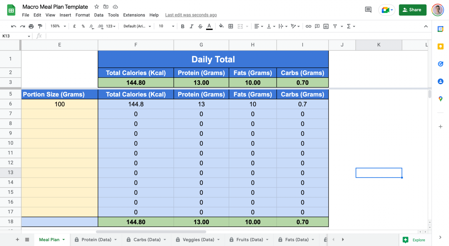 google sheets meal planner with macros