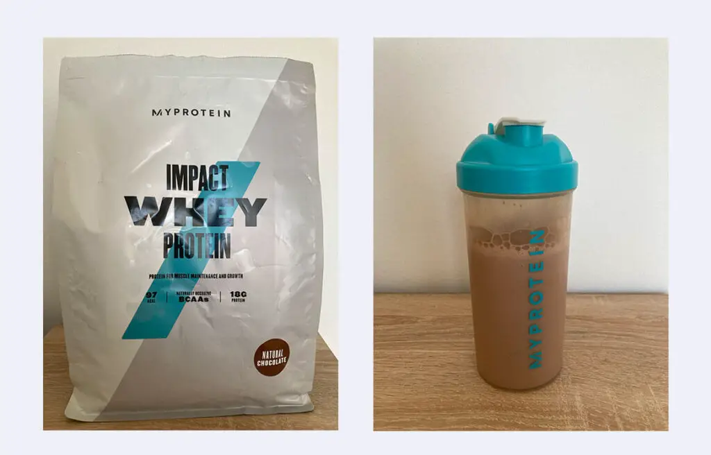 Myprotein Impact Whey Protein Natural Chocolate Flavour Package and Shake