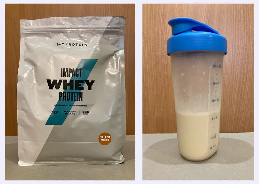 Myprotein Salted Caramel Protein Powder Package and Protein Shake