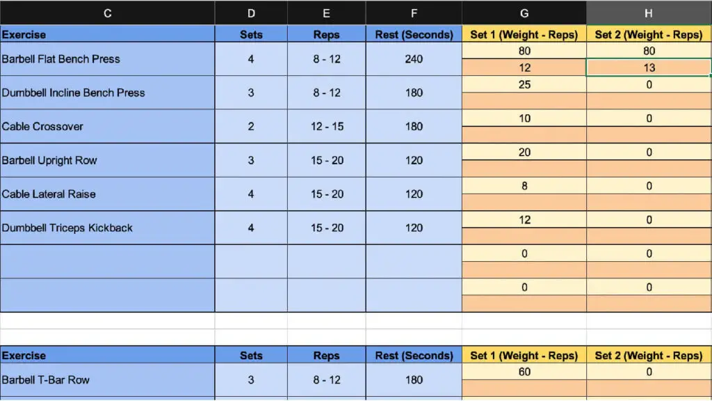Tracking Weight and Reps in Advanced Excel Workout Template