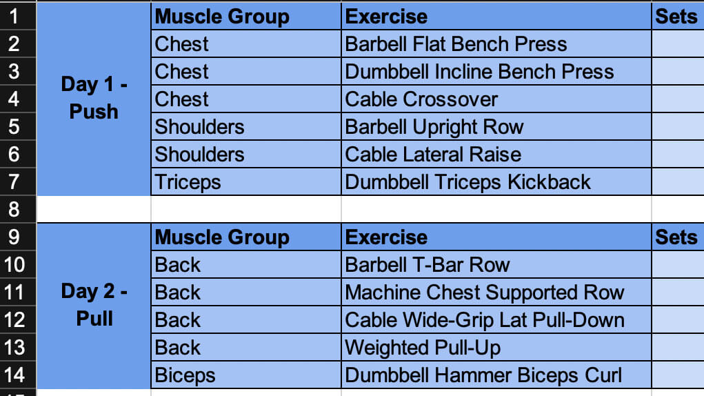 Zoomed in Basic Excel Workout Template