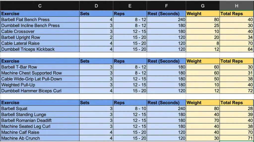 Tracking Reps in Excel Workout Template
