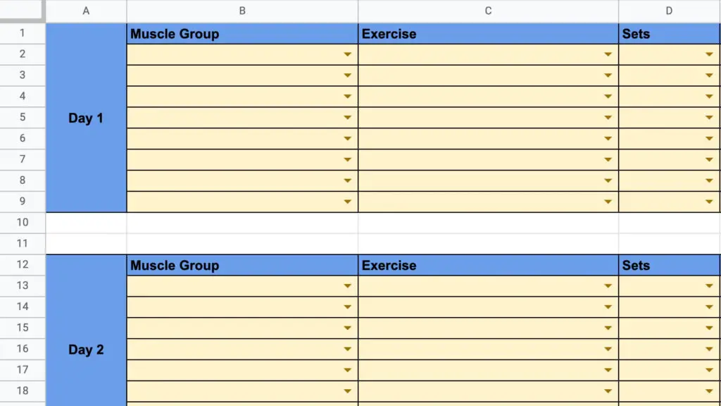 Google Sheets Workout Template 1