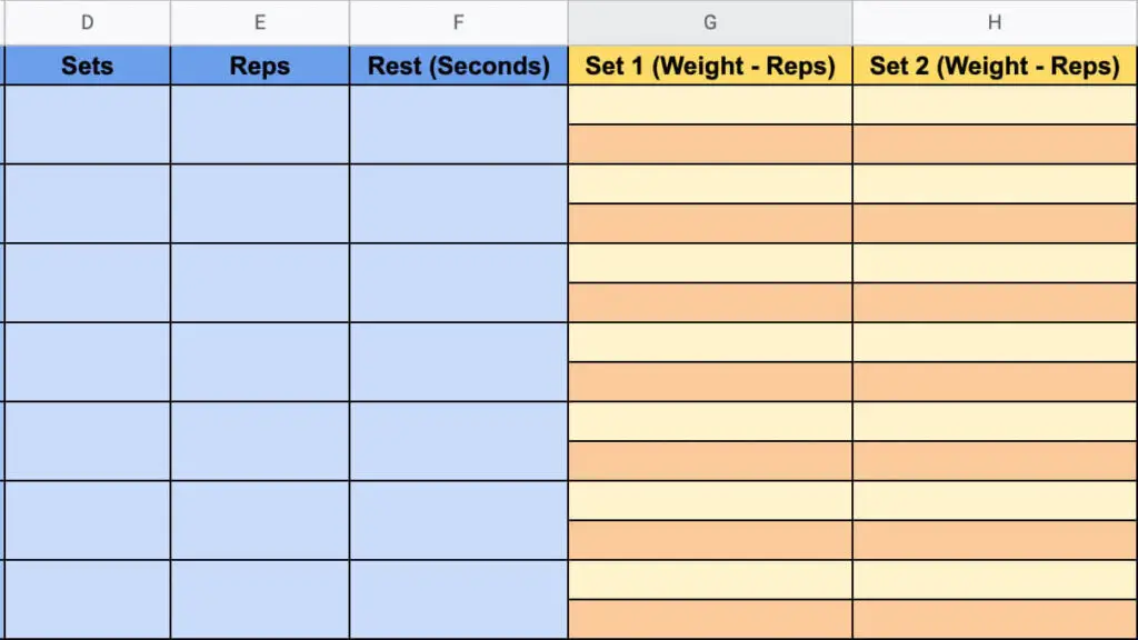 Google Sheets Workout Template 3 - Zoomed