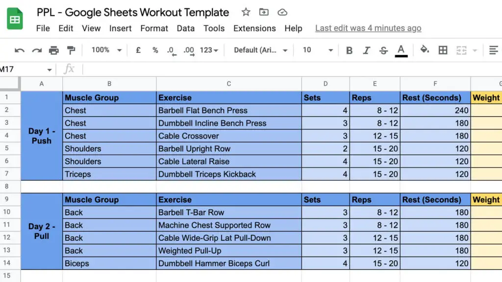 Example of Google Sheets Workout Template