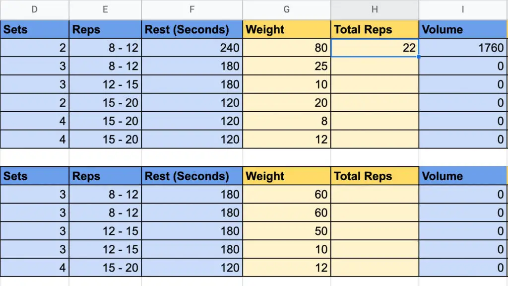 Tracking Total Reps in Google Sheets Workout Template
