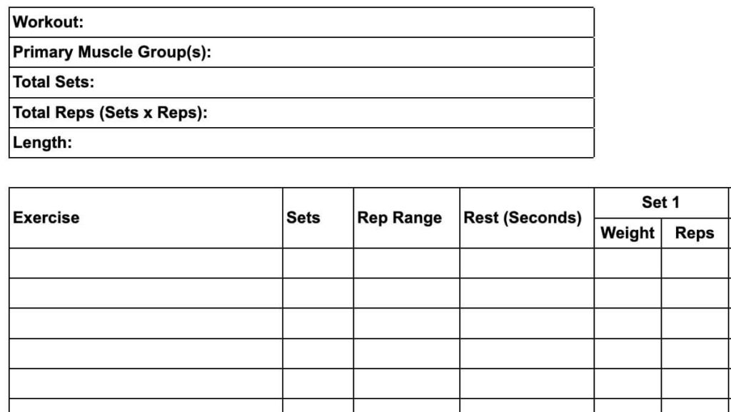 Printable Single Workout Template Layout
