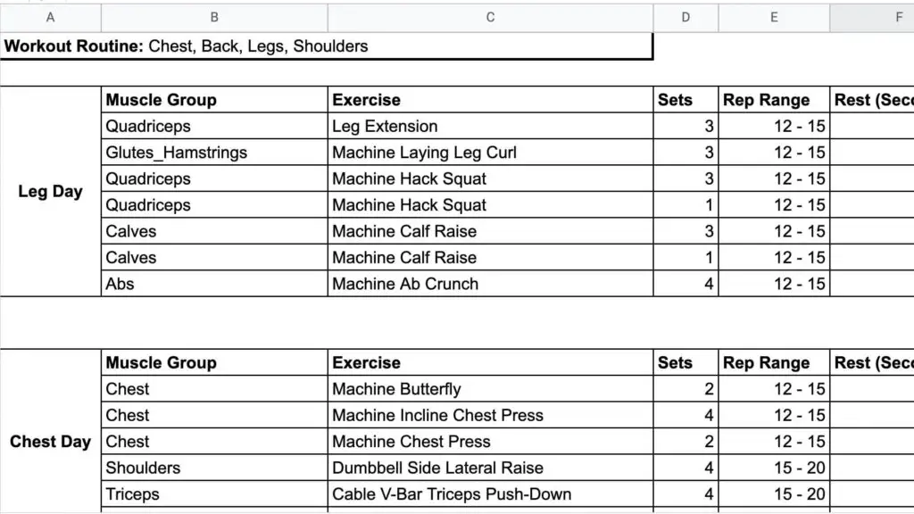 Filled In Printable Workout Template