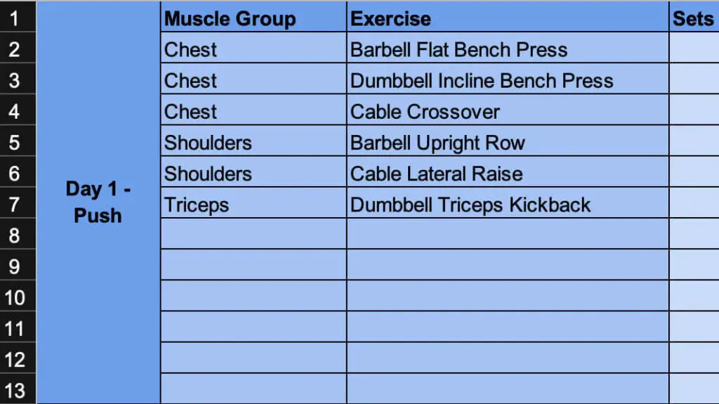 Zoomed in Workout Template With 12 Exercise Slots