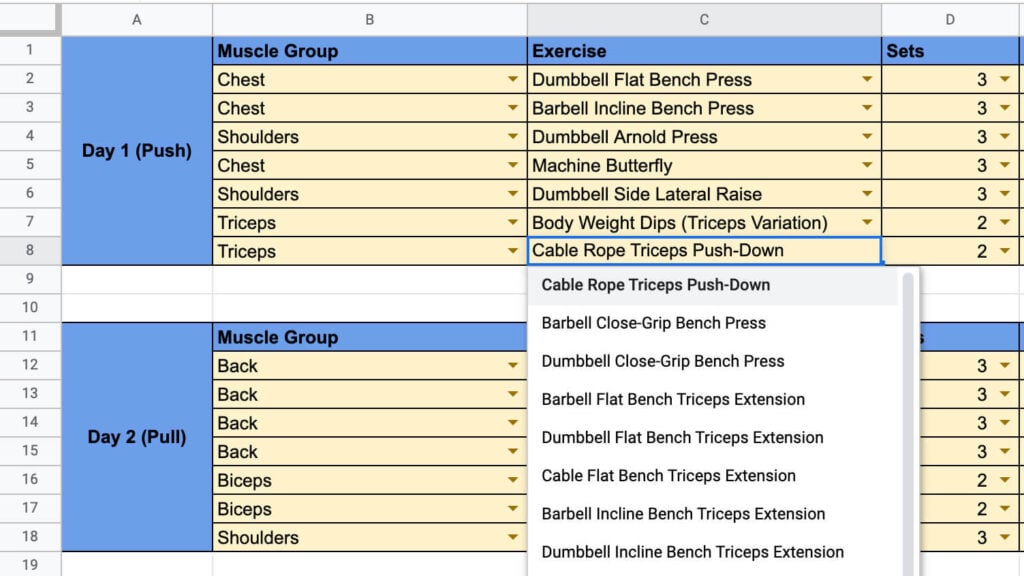 workout template excel