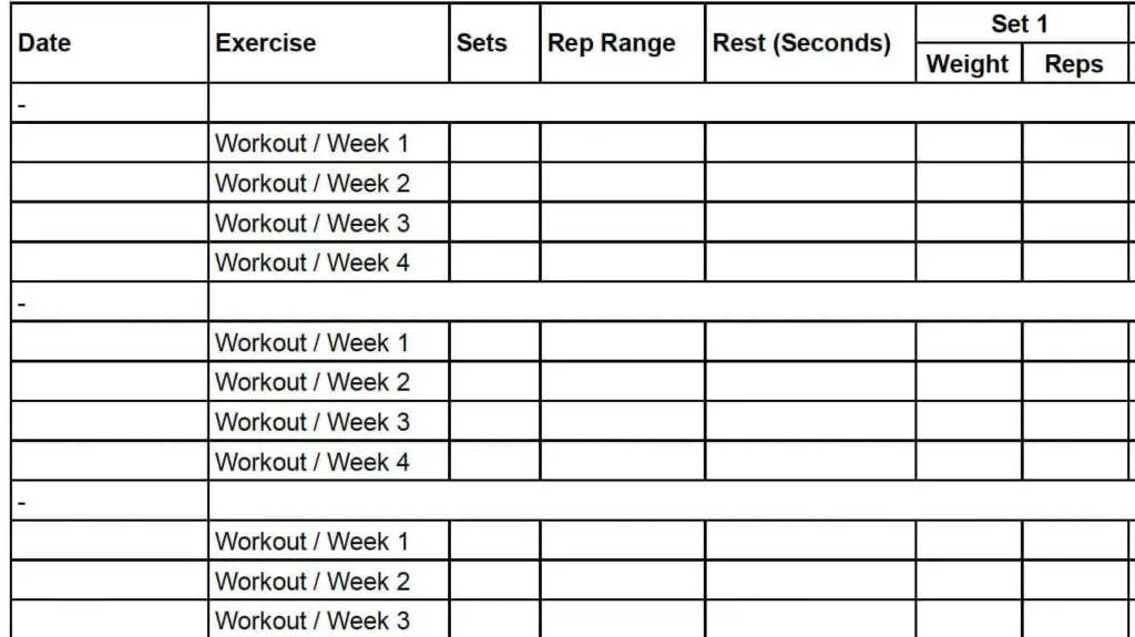 Zoomed In View of a Basic Monthly Workout Template