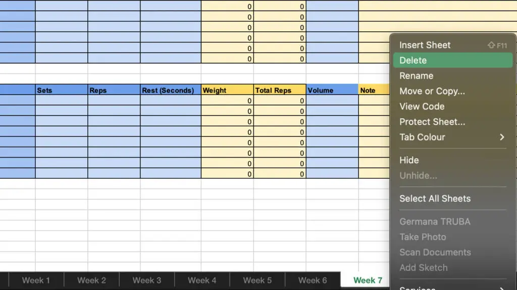 Deleting Tabs in Excel Workout Plan