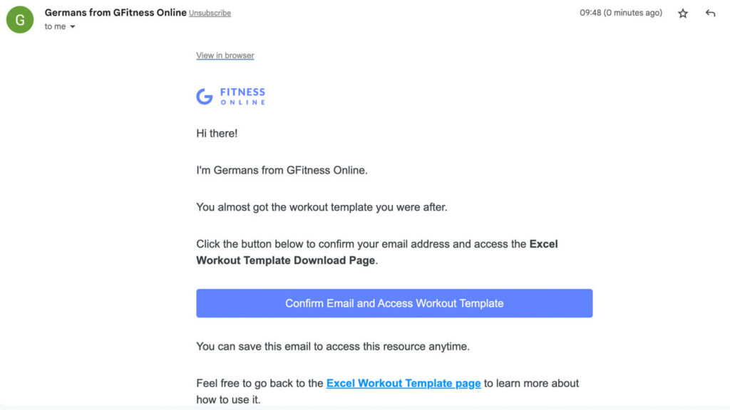 Opened Email Confirmation Email - Excel Workout Template
