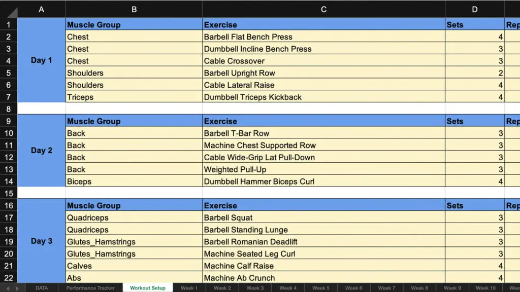 Excel Template - Workout Setup Completed