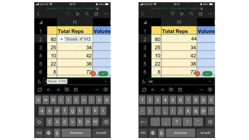 Tracking Data in Excel Workout Plan on Mobile