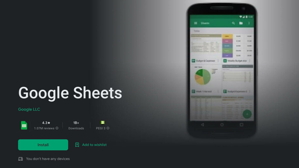 Google Sheets App in Google Play Store