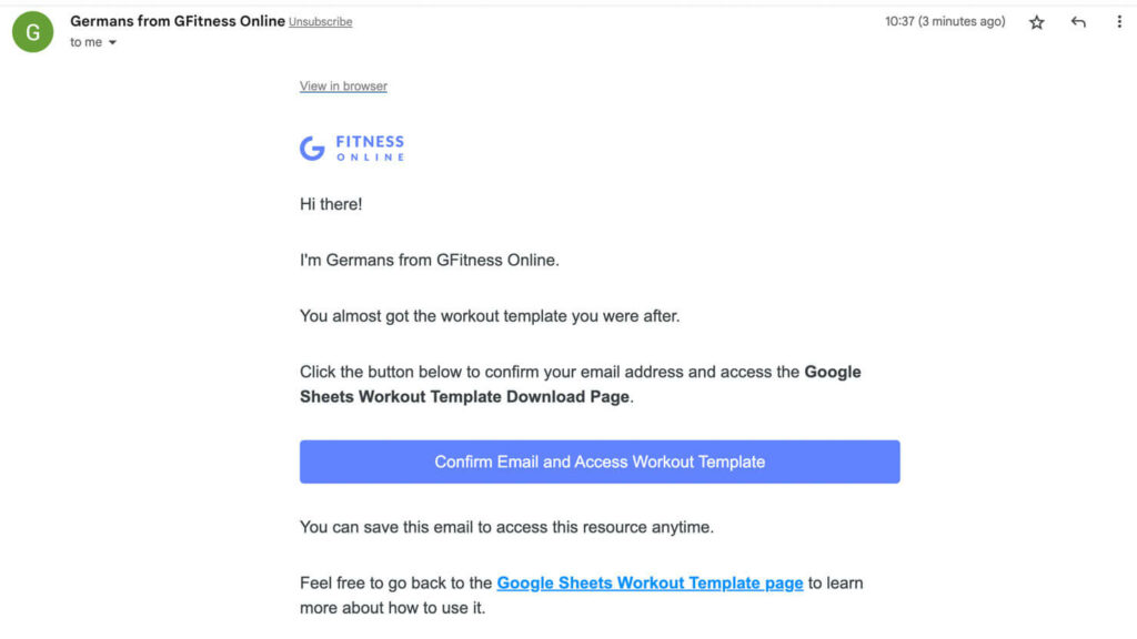 Viewing Google Sheets Workout Plan Email Confirmation Email