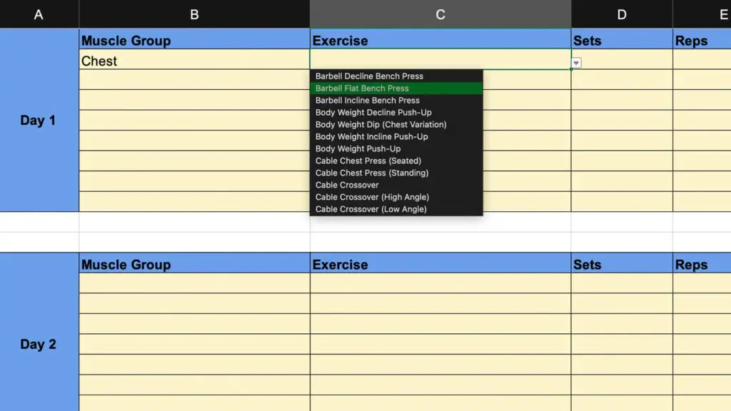 Workout Setup in Excel