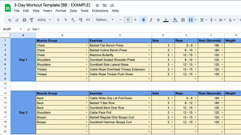 3-Day Classic Bodybuilding Workout Split Example in Google Sheets Example